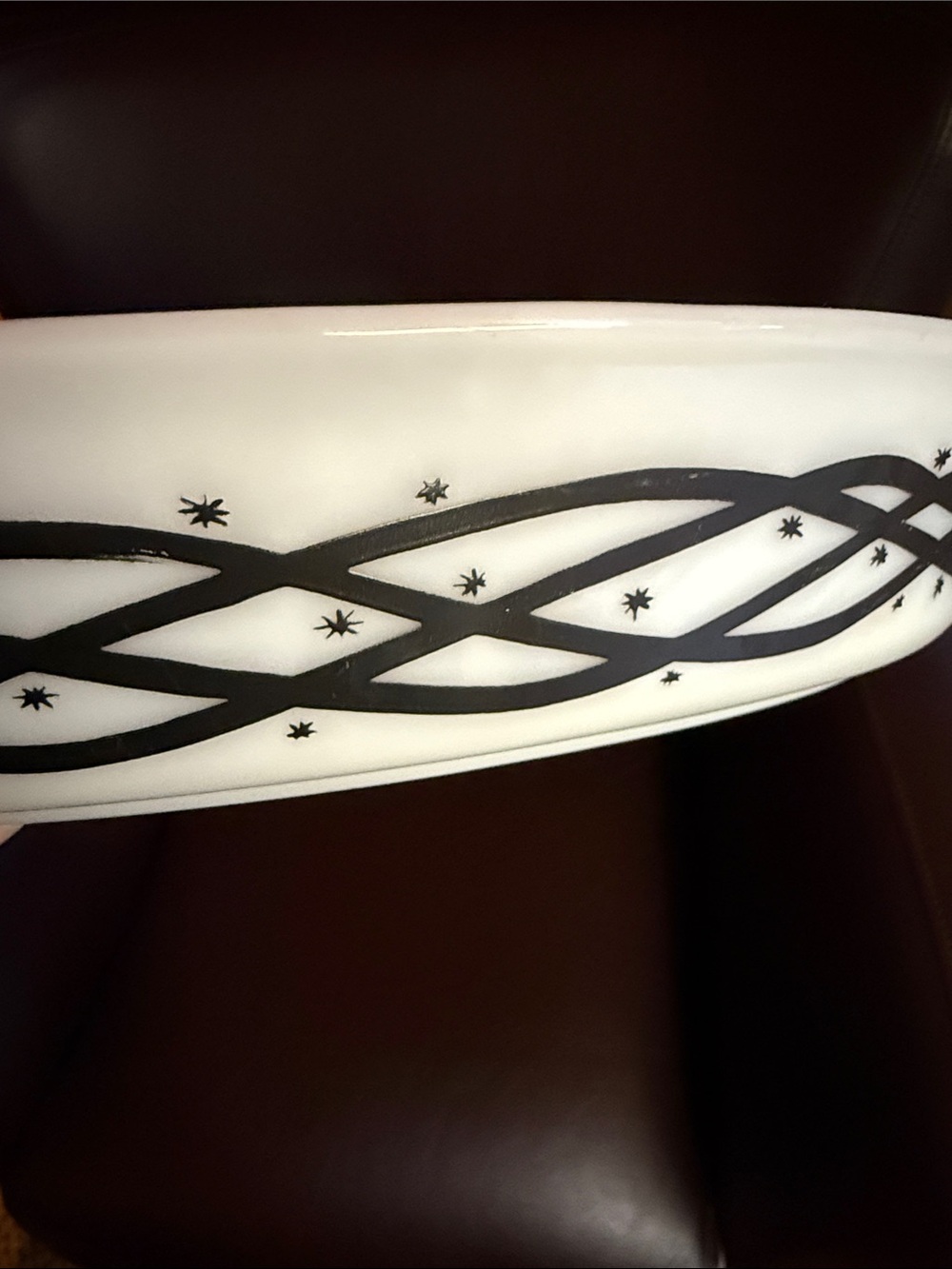 Pyrex White Milk Glass Divided Casserole with Black Barb Wire Design - Picture 6 of 10